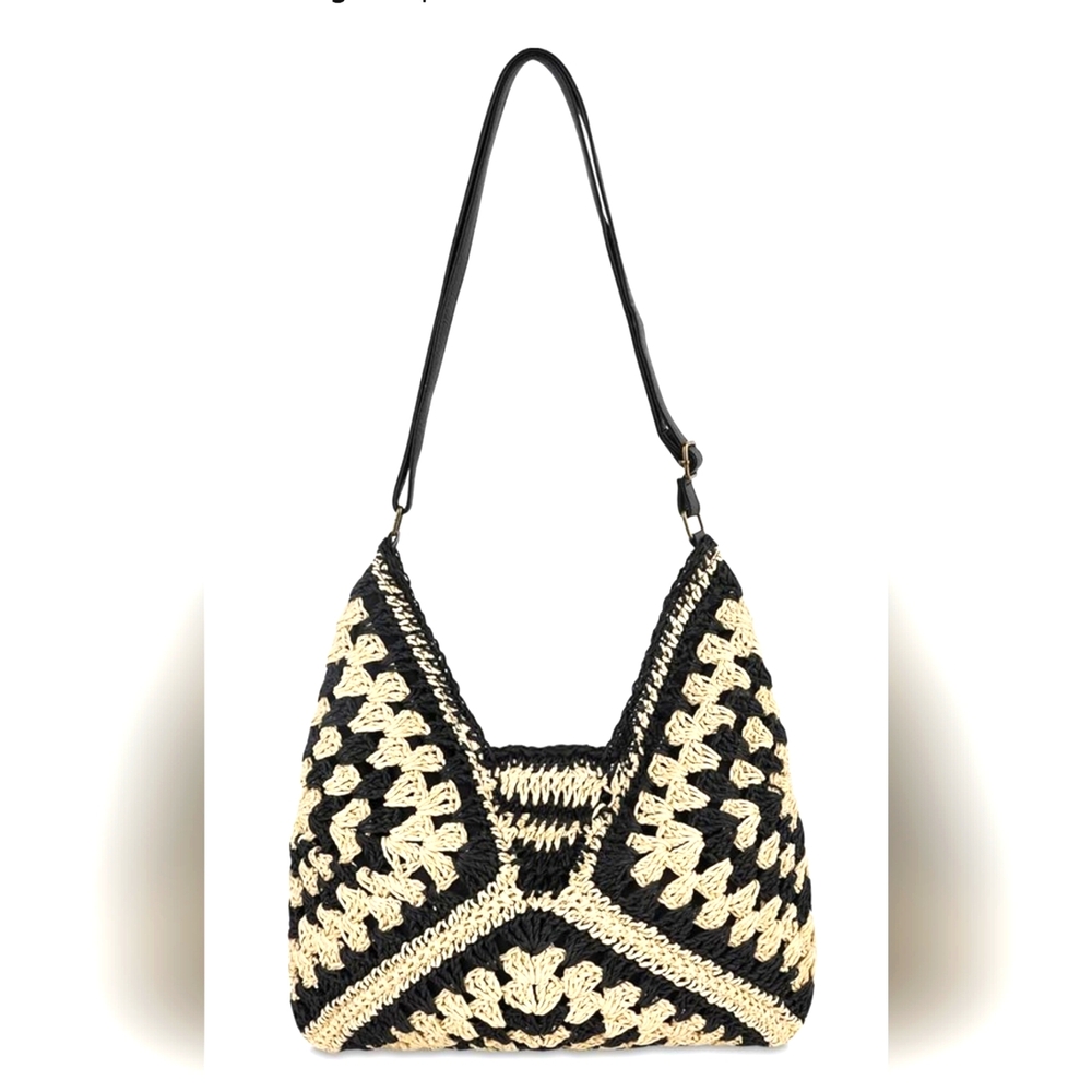 Woven straw crochet lined hobo shoulder bag Stylish & Chic Black and cream color